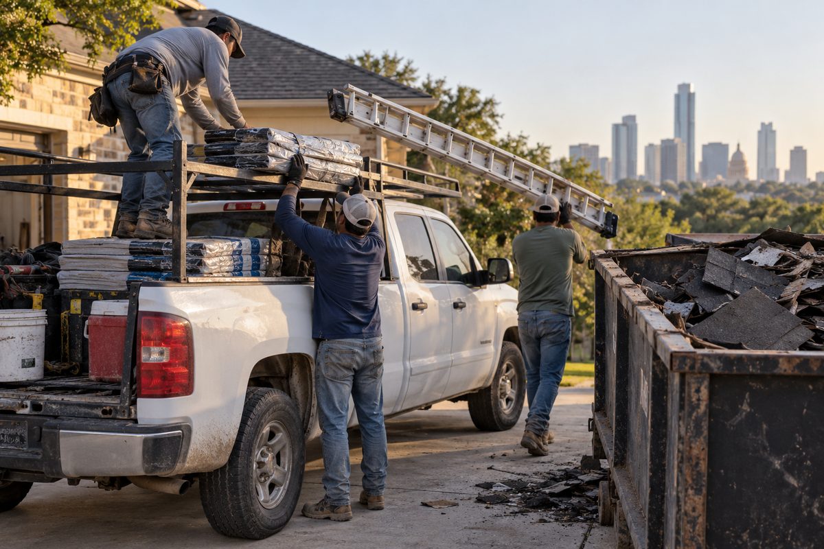 Austin Roofing Company crew loading ladders and shingle bundles onto the work truck at a job site