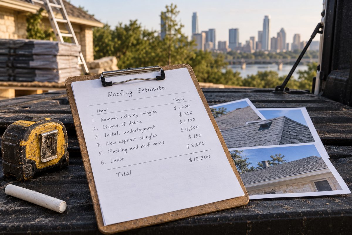 Itemised roof estimate and roof photographs on a clipboard beside a tape measure