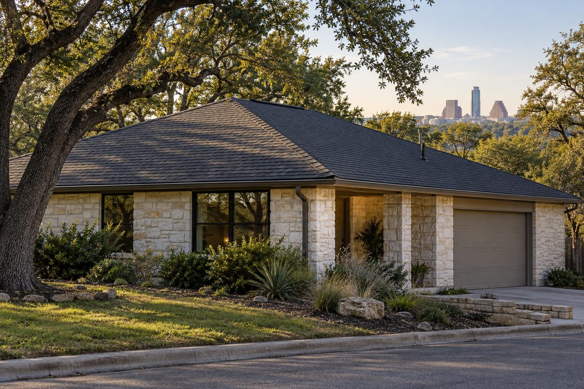 Newly replaced charcoal shingle roof on a limestone ranch house in Austin