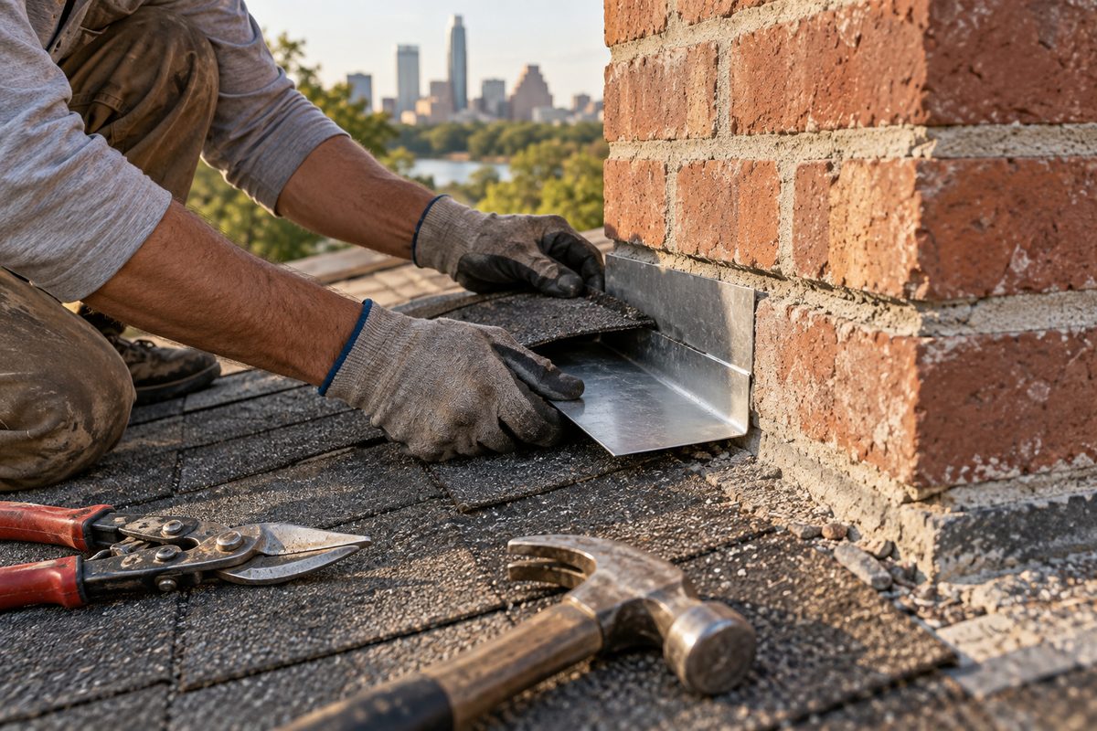Roofer fitting new step flashing against a brick chimney during a leak repair