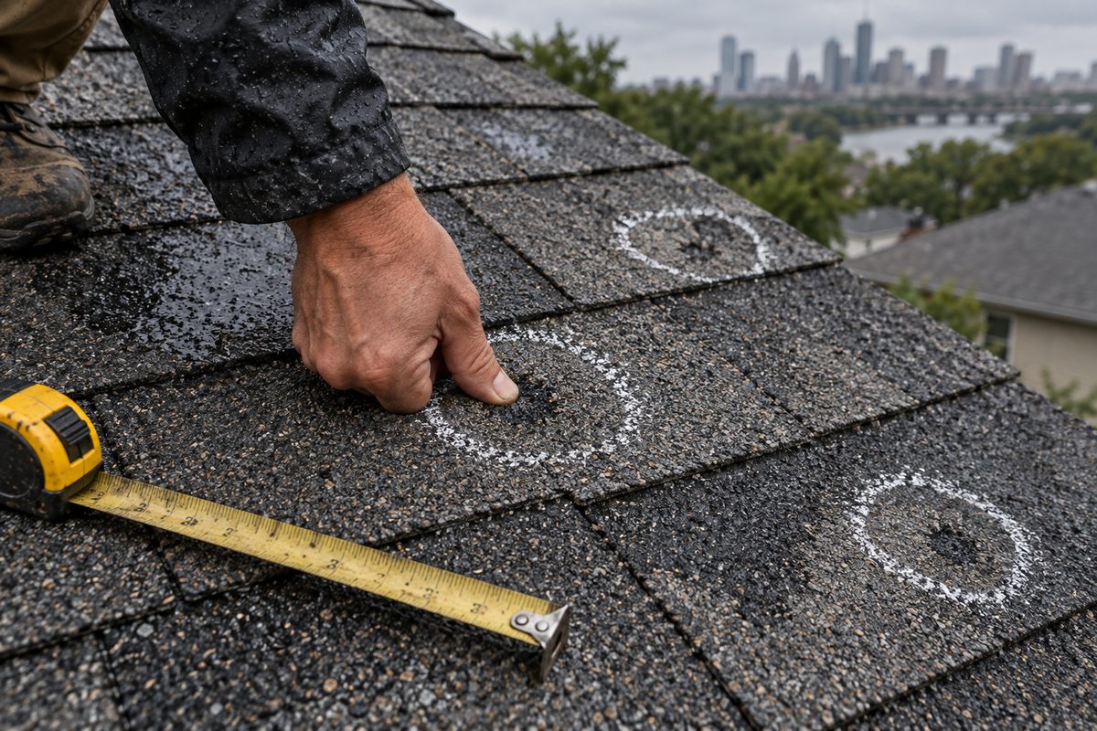 Hail bruises circled in chalk on asphalt shingles during a storm damage inspection