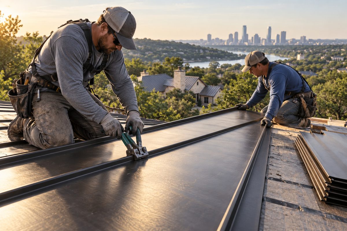 Crew installing standing-seam metal roof panels on a house near Austin